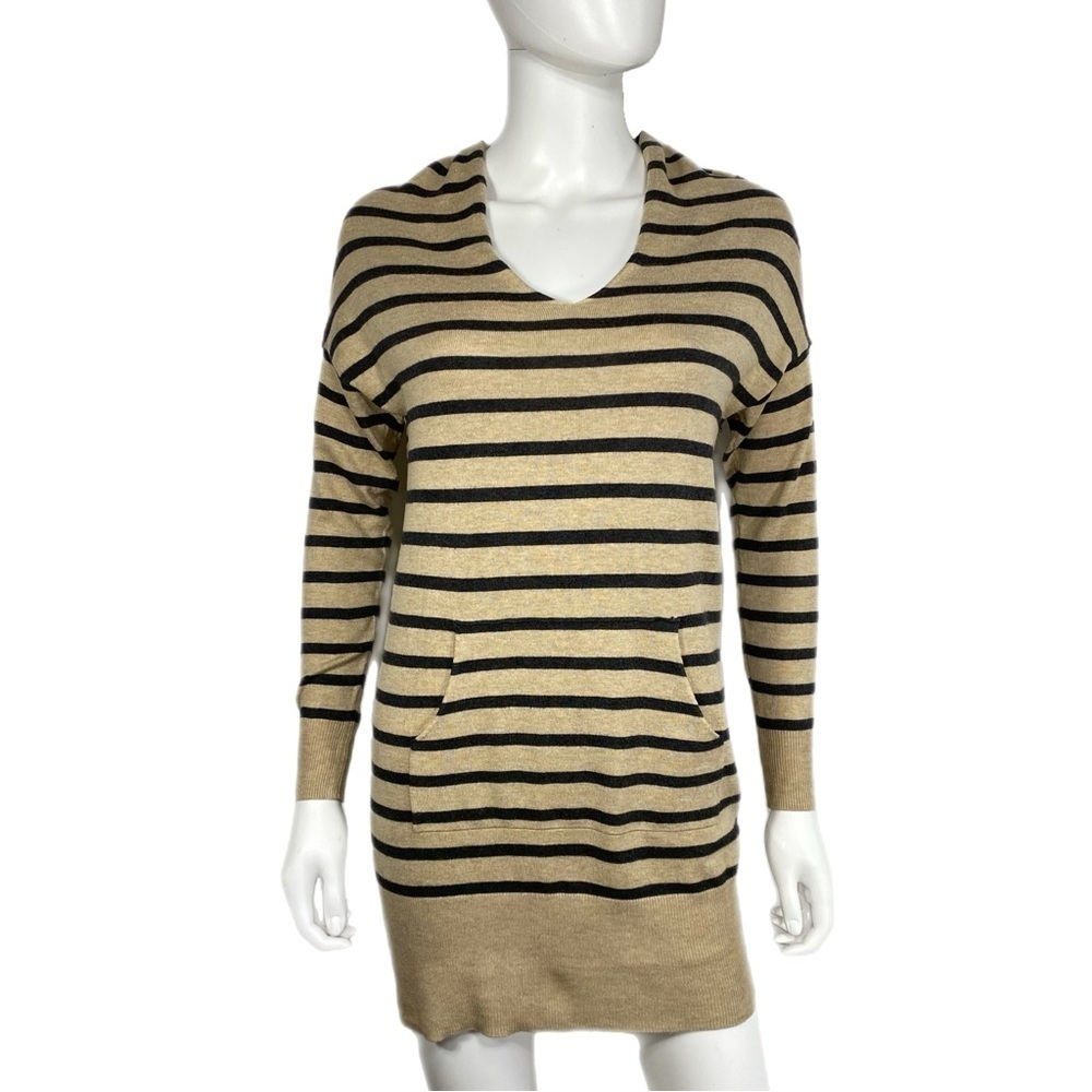 Max Studio Camel Tan & Black Striped Cotton Knit Sweater